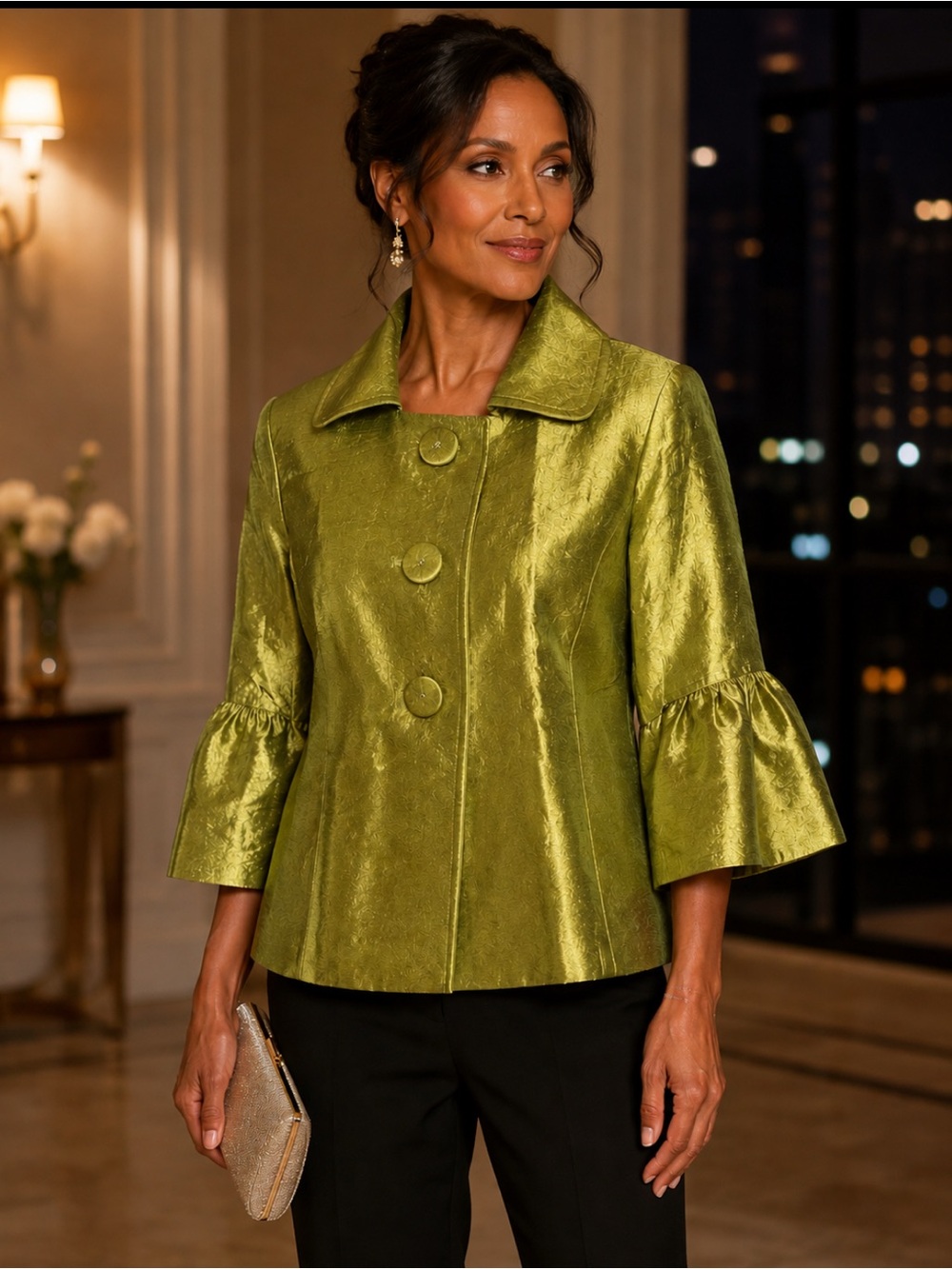 Trevon Olive Green Women's Button-Front Evening Jacket. NWT Classy & Flattering